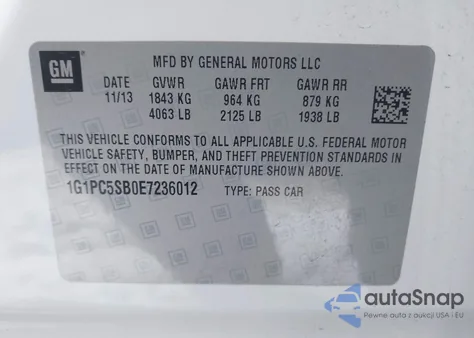 2014 Chevrolet Cruze 1Lt Auto z USA, uszkodzony, nr VIN 1G1PC5SB0E7236012